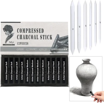 HFDONGL 12 Stück Zeichenkohle Kohlestifte zum Zeichnen Kohlestift mit 6 Papierwischer