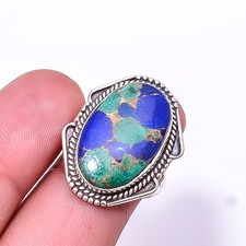 Copper Azurite Chrysocolla Oxidised 925 Sterling Silver Ring S.6 R19, Christmas