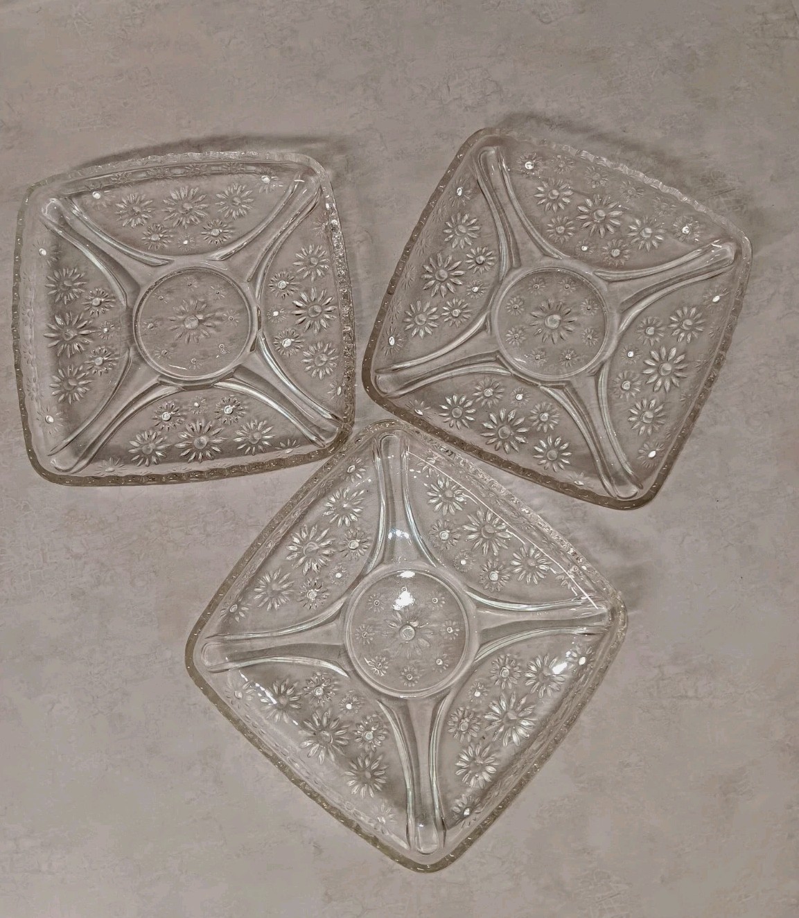 Vintage Glass Crystal Candy Dishes Set of 3 Square Daisy Design Serving Relish Indiana