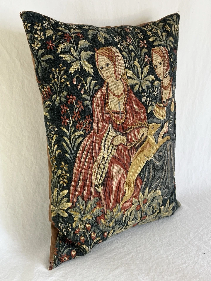 Vintage French Tapestry Pillow Featuring Medieval Women and Deer - Image 4 of 4