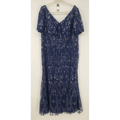 Oleg Cassini Sequin Embellished Gown Dress Sz 22W Formal Maxi Short Sleeve Navy