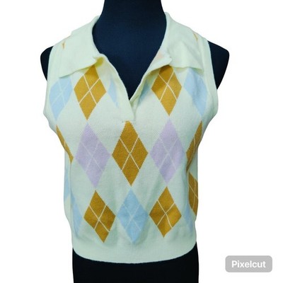 VTG Sweet Republic Women's Argyle Vest Golf Yellow Pink Blue White Size L RARE