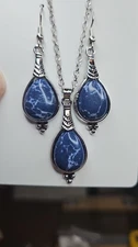 SILVER Charm Dark Blue Faux Turquoise Stone PENDANT Necklace & Earrings Set  