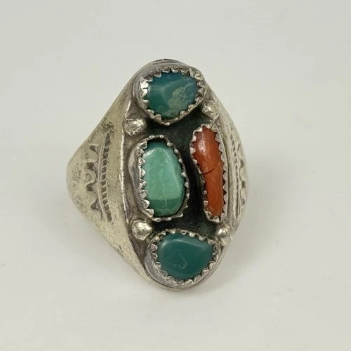 Vintage Native American Turquoise and Coral Ring, 925 Silver, Size 8