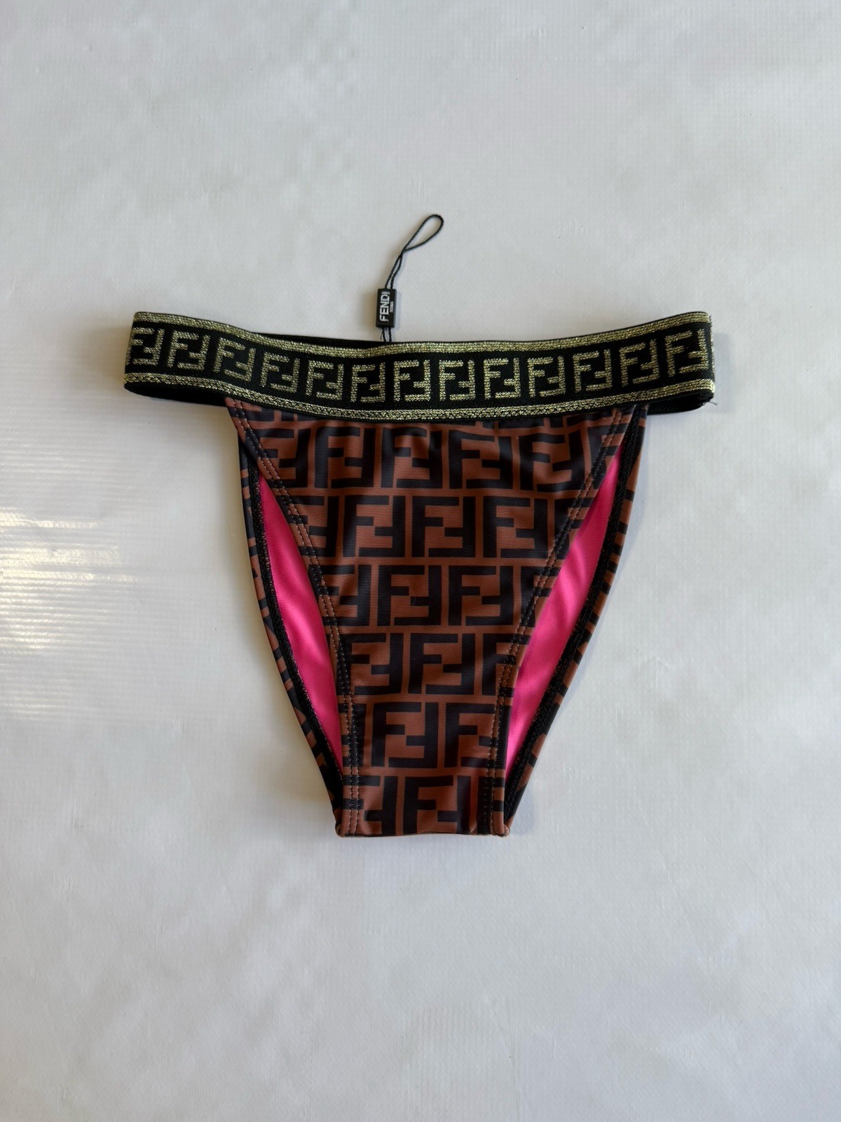 Fendi Women’s Monogram Logo Brown Black Elastic Waist Swimwear bottom Sz M