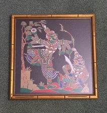 Thai  Silk Screen Wall Art Buddhist Warriors Yakshas FRAMED Thailand 