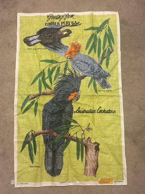Vintage Linen Coober Pedy Australian Cockatoos Tea Towel Banner