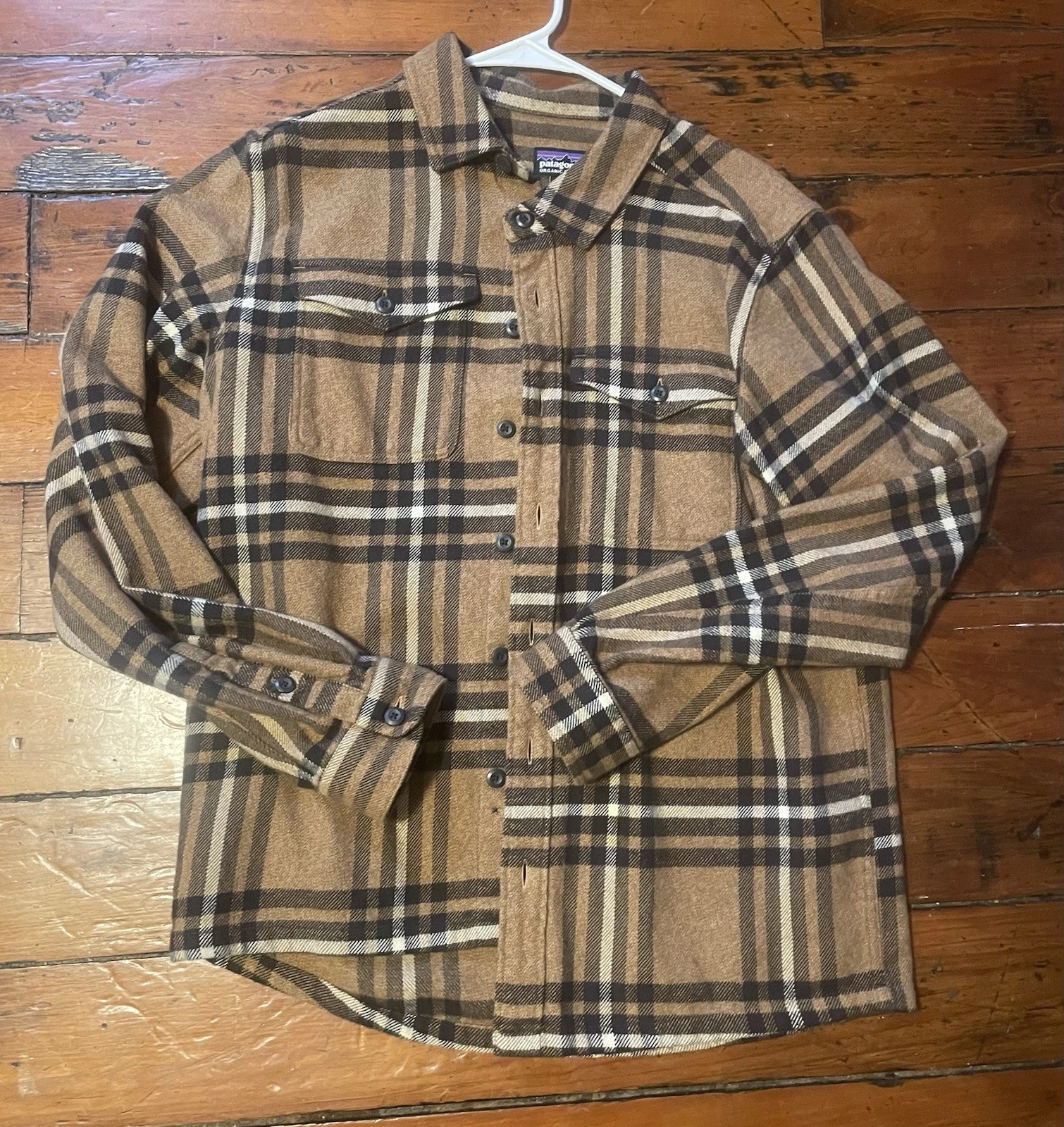 Patagonia Organic Cotton Plaid Flannel Shirt Mens M Brown Tan Long Sleeve