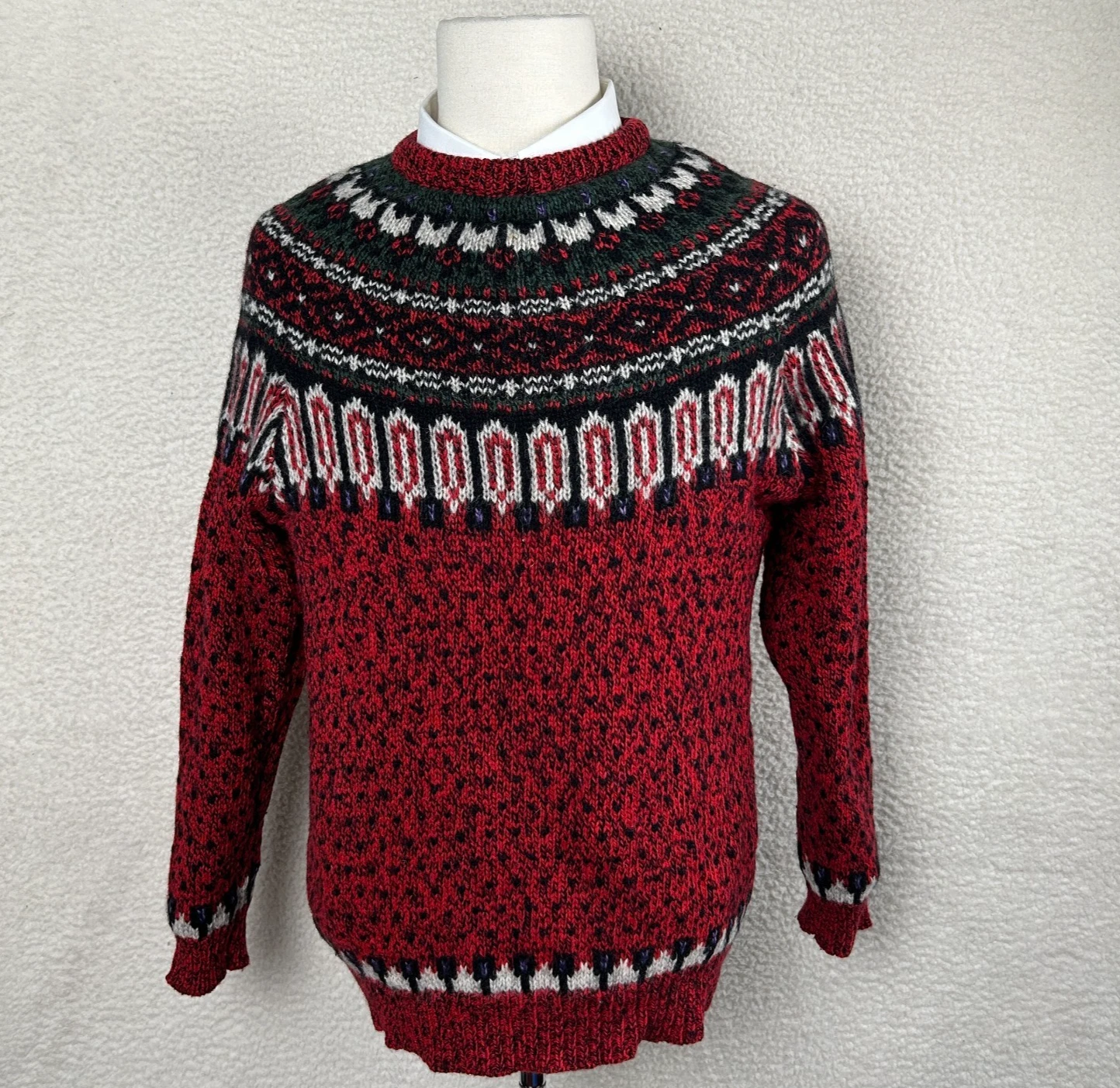 Vnt Woolrich Mens L Red Black Wool Blend Crew Neck Fair Isle Style Sweater