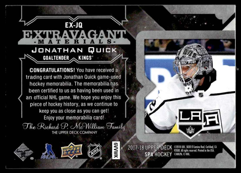 2017-18 SPx Extravagant Materials Jonathan Quick Los Angeles Kings #EX-JQ - Image 2 of 2