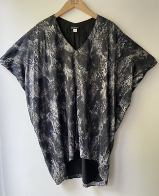 EILEEN FISHER Grey Blue Silk Abstract Print V-Neck Cocoon Tunic-S
