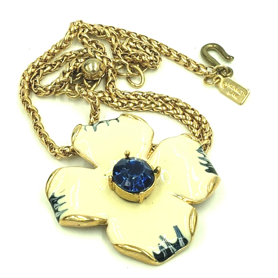 Kenneth Jay Lane Azul Crema Madera de Perro Colgante Collar Cadena Esmalte Estrás     Foto 4 de 4