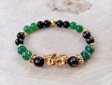 Pixiu Power Bracelet, Green Jade, Black Obsidian, Feng Shui Dragon, Lucky Wealth