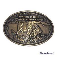Vintage 1997 Running Strong for American Indian Youth Brass Belt Buckle
