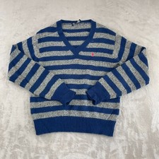 Vintage Polo Ralph Lauren V-Neck Sweater Men Medium Blue Grey Wool Blend USA Mde