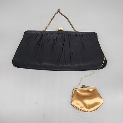 Vintage After Five Black Fabric Clutch Gold Interior Coin Purse 50s Formal Mcm