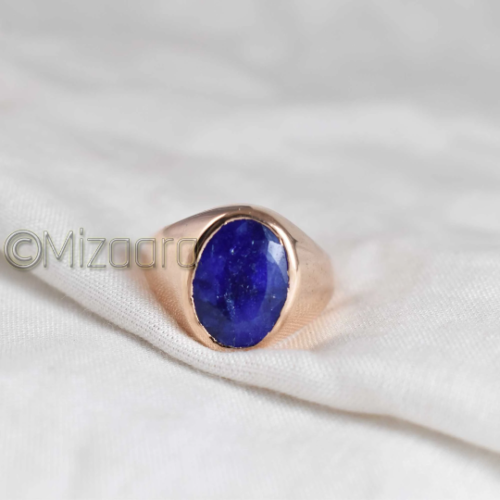 Blue Sapphire Corundum 925 Silver Rose Gold Mens Signet Ring Gift For Husband - Afbeelding 1 van 12