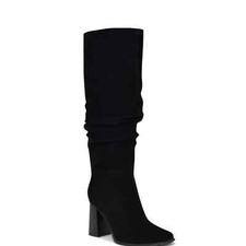NINE WEST Domaey Knee-High Stacked Block Heel Dress Boots, Black Suede, US 6.5 M