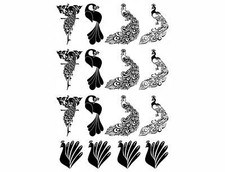 Fancy Peacock Birds 16 pcs 1.25 Inch Black Fused Glass Decals