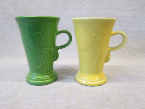 Set 2 FIESTA Homer Laughlin Green Yellow 6" tall Embossed Cappuccino Latte Mugs