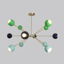Mid century Brass 12 Arms Eyeball Shades Colorful Sputnik Chandelier