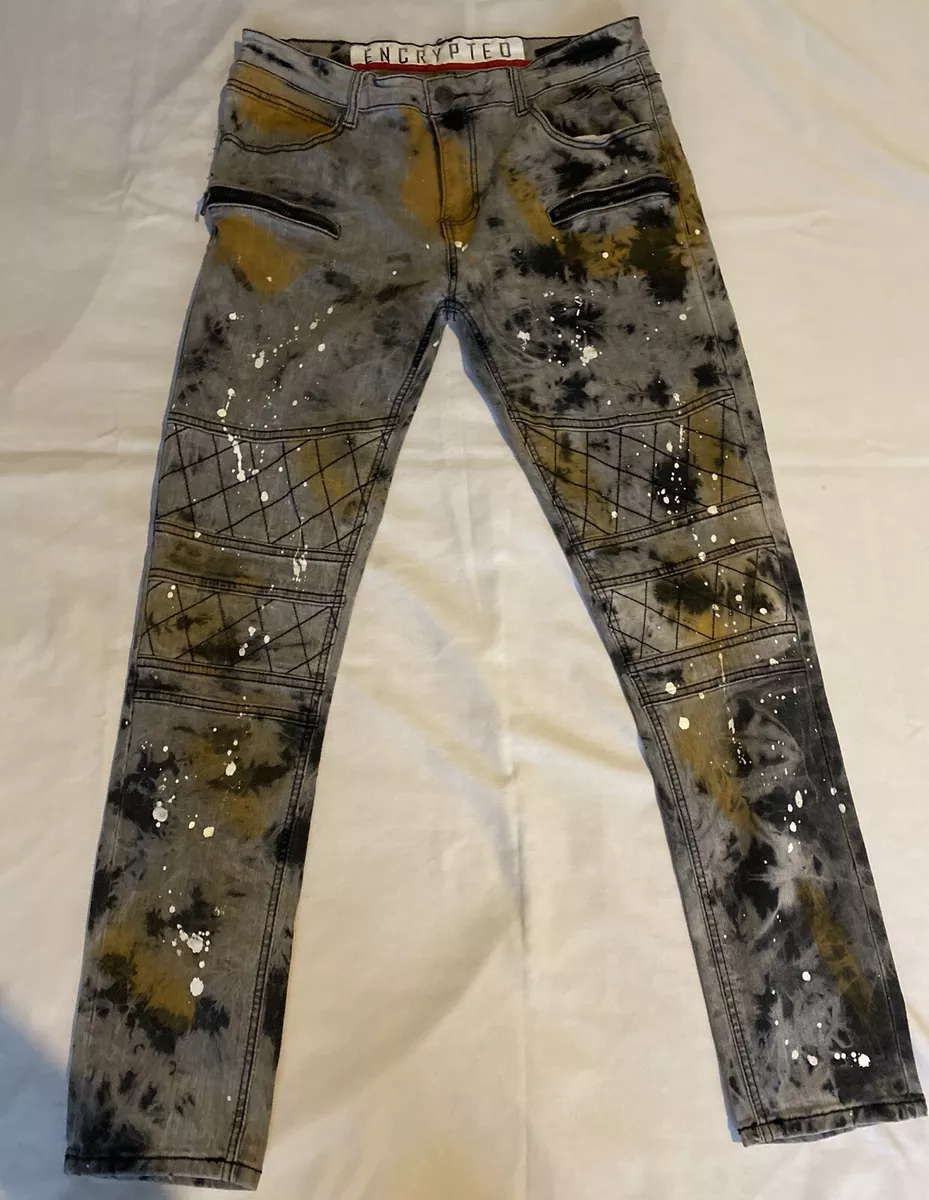 Men's Encrypted Stretch Gray Moto Skinny Jeans Denim Pants Paint Splatter  34x31