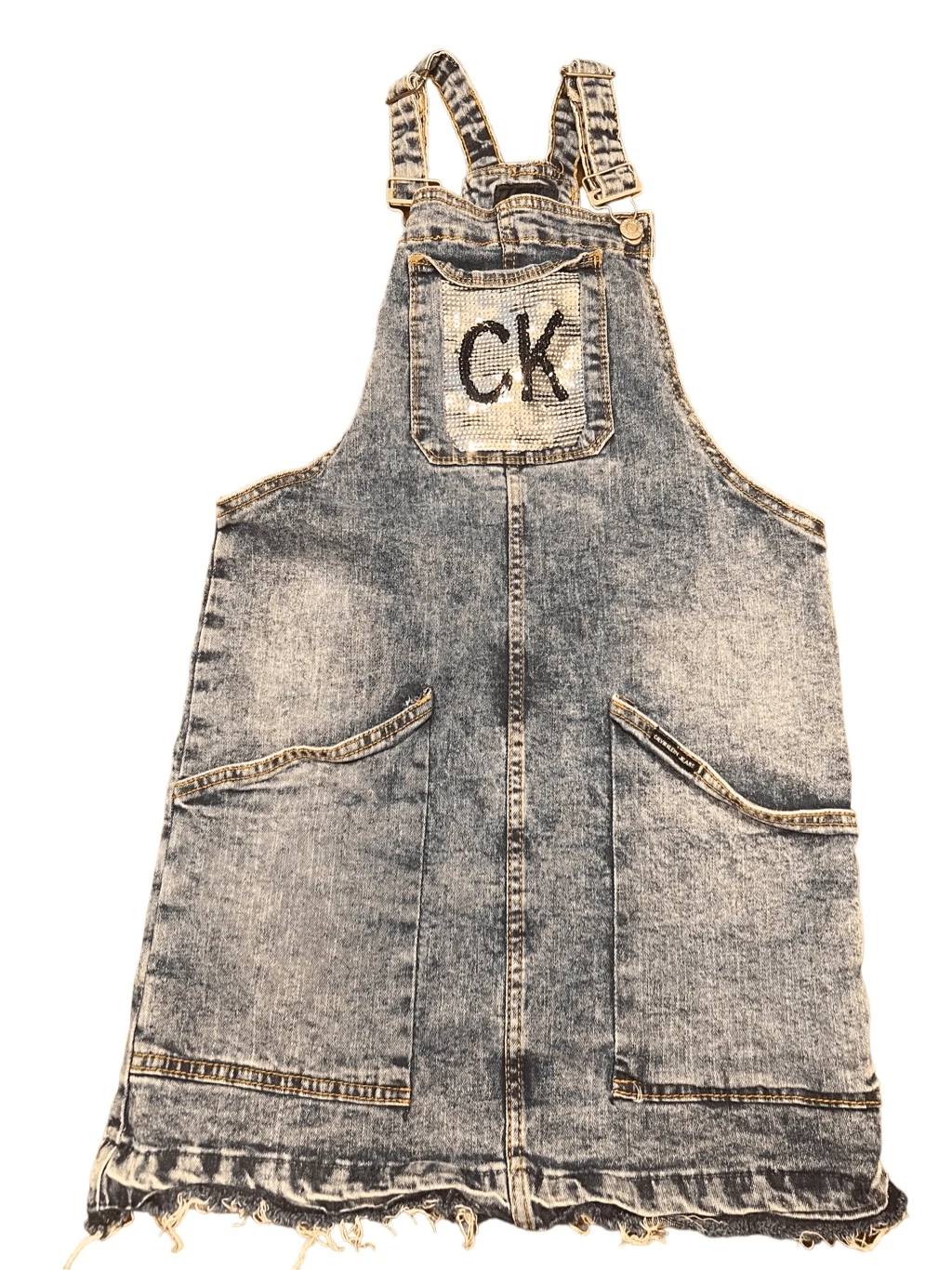 Calvin Klein denim sequin CK overall dress girls 12/14 large