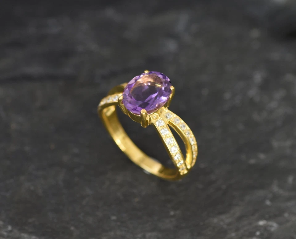 3.21 Ct Oval Cut Natural Amethyst & Diamond Wedding 14K Ring Yellow Gold Sz 8.5 - Image 3 of 4