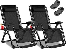 2x Sun Lounger Garden Chairs With Cup Holder Folding Recliner Zero Gravity Chair