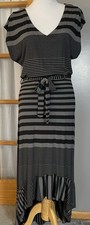 Felicity & Coco Belted Blouson Dress S Black Gray Striped Ruffles High Low Party