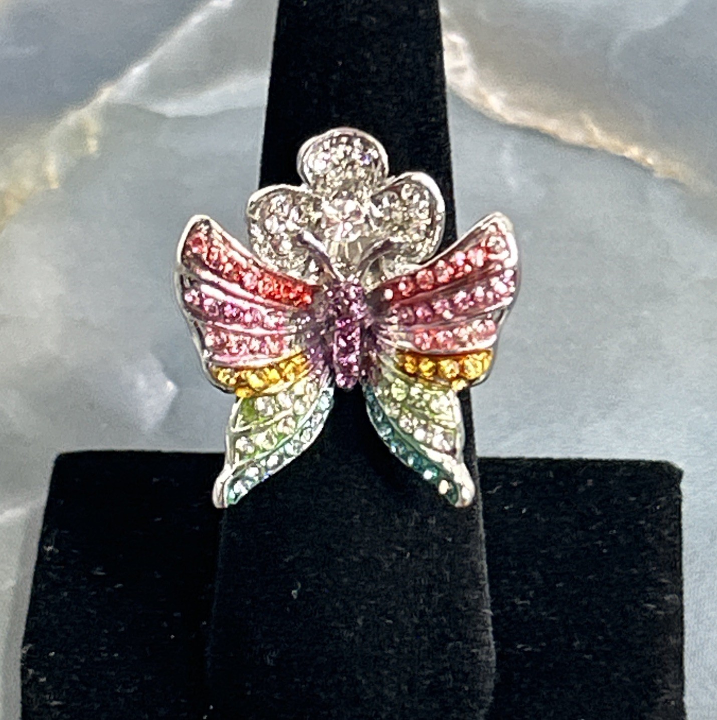 Vintage Silver Tone Statement Ring Butterfly Rain… - image 1