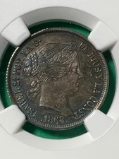 PHILIPPINES SPAIN 20 CENTAVO 1868 ISABEL II NGC MS 62 METALLIC BLUE TONE SCARCE