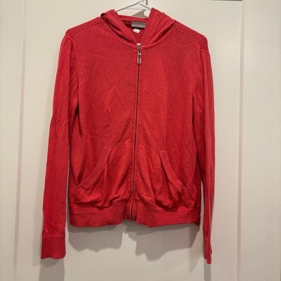 Nordstrom Red Pointelle Knit Full Zip Hoodie Sweater Womens Small Lightweight