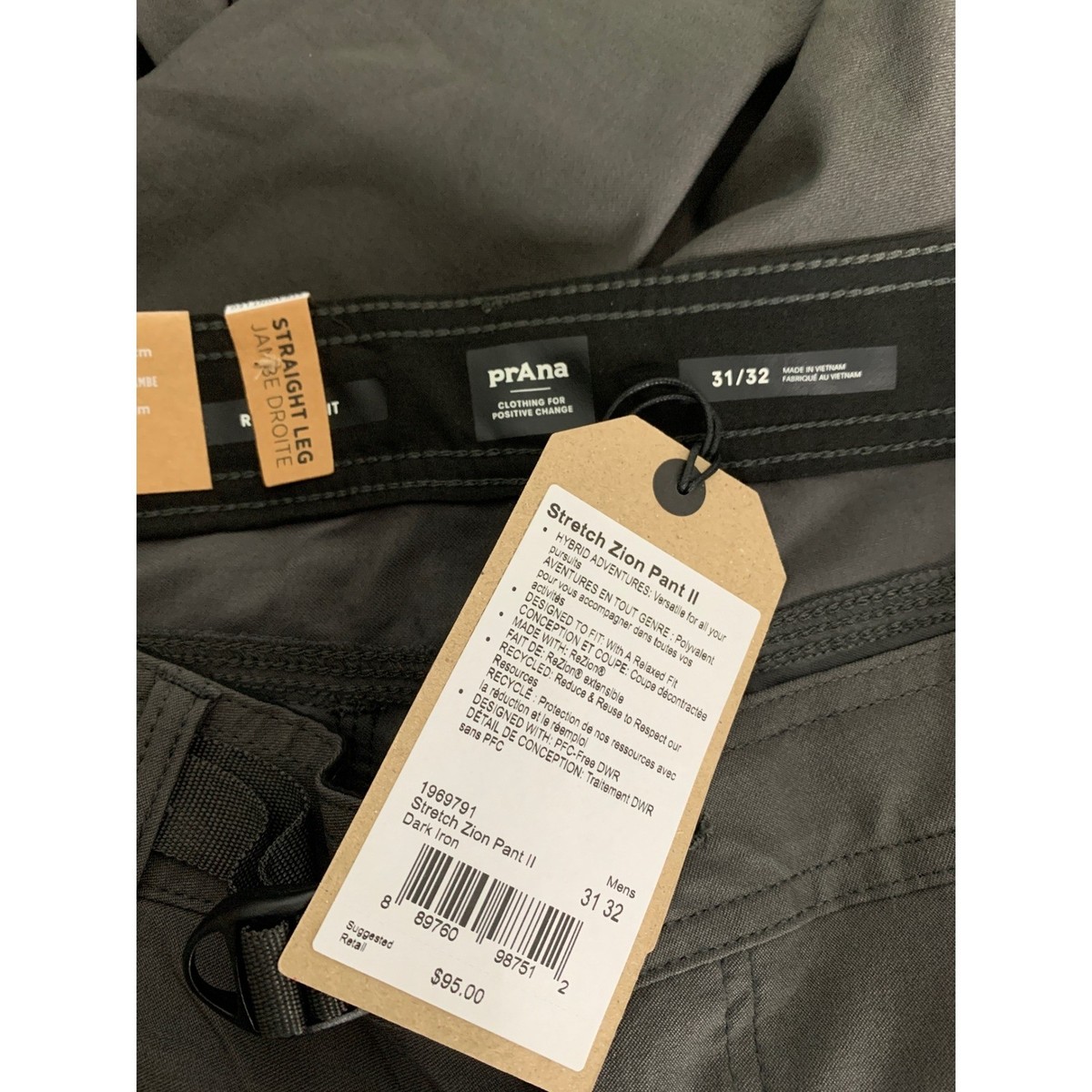 prAna Pants Mens 31x32 Gray Stretch Zion Pant II Straight Leg Hiking Cargo NEW View 3