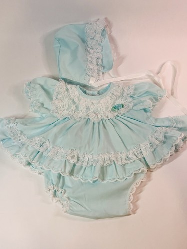 VTG Alexis Blue Ruffles Lace Dress Bonnet & Diaper Cover 6 Months READ*