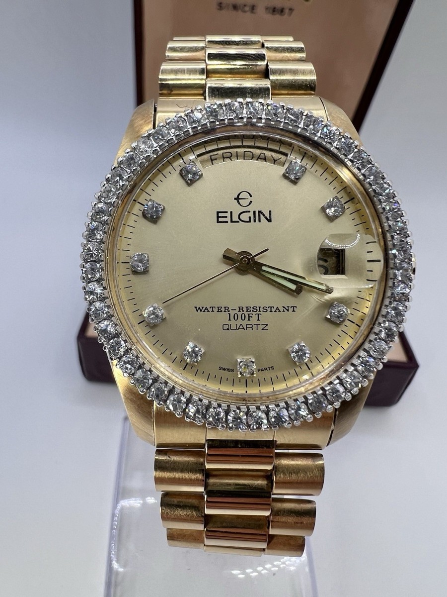 Vintage Rare 80s Elgin Day Date Men's Gold Tone Presidential Watch