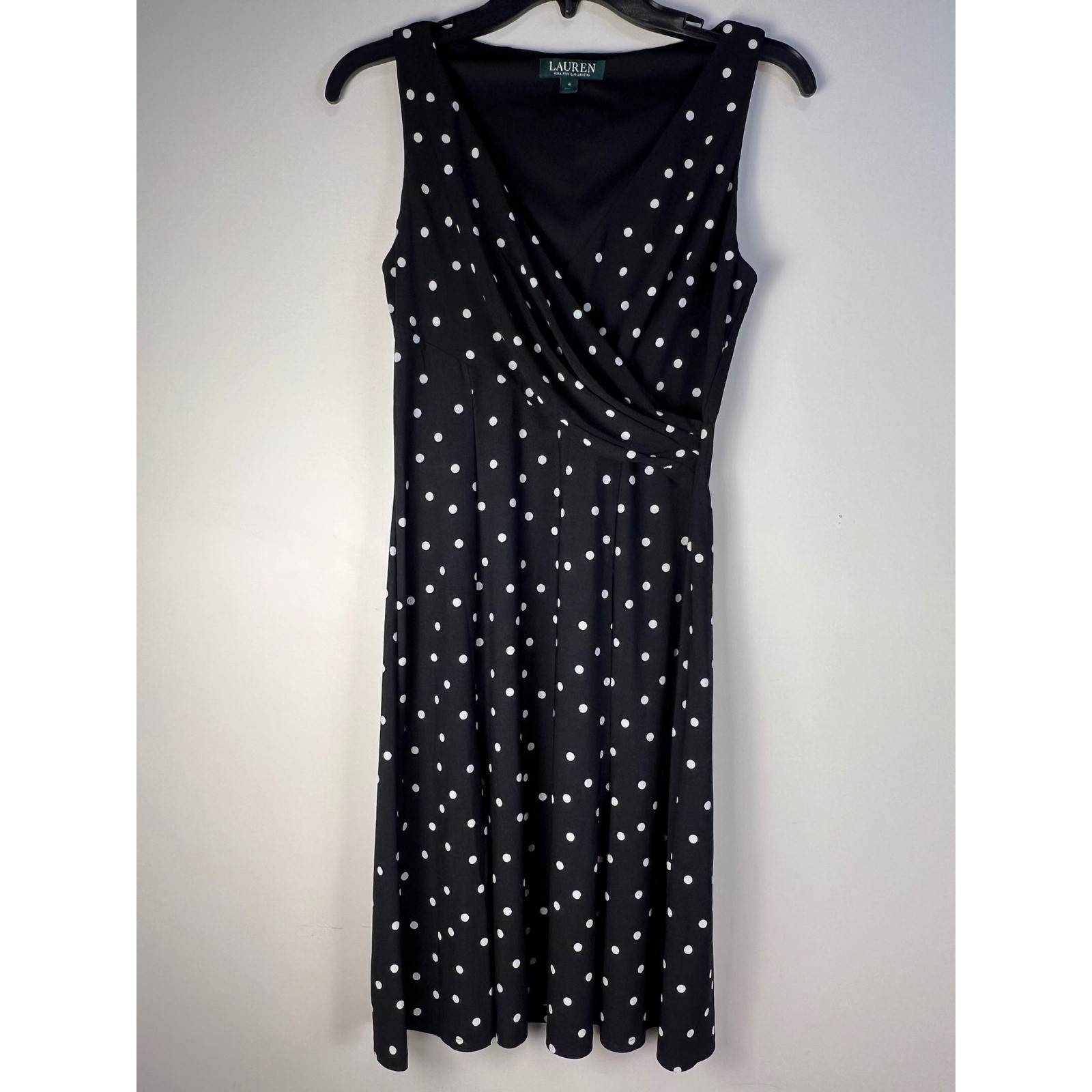 Lauren Ralph Lauren Black White Polka Dot Sleeveless Wrap Dress Midi Sz 4