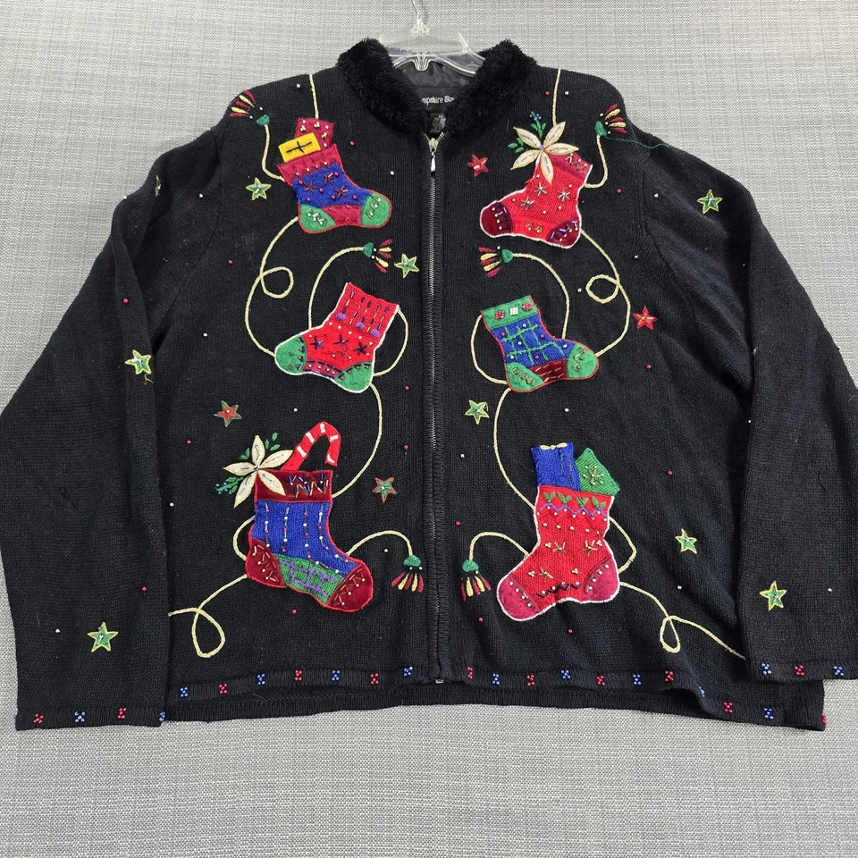 Hampshire Studio Sweater Cardigan Womens 3XL Zip Christmas Stockings Beaded Ugly - Image 2 of 4