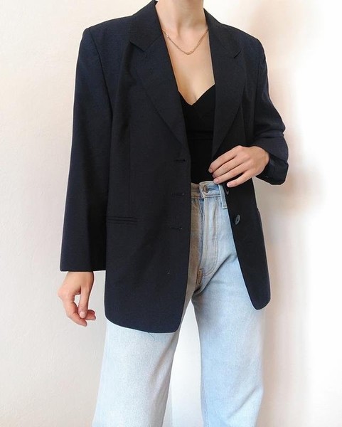 Women Vintage Blazer Navy Wool 36