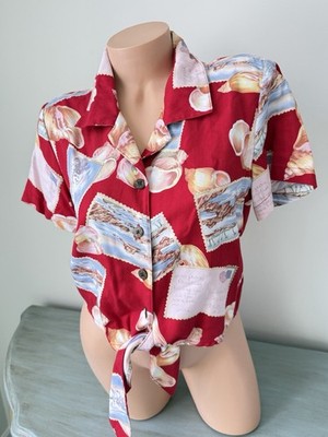 Hawaiian Crop Shirt Womens Size Pm Red Button Up Tie Front Coconut Girl M Petite