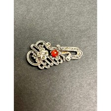Antique Art Deco Sterling Silver Marcasite & Carnelian Dress Clip 1930s Filigree