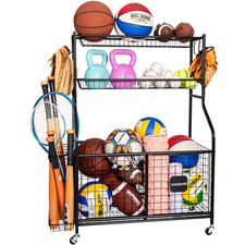Sports Equipment Storage Organizer Rack with Rolling Wheels, Garage Ball Stor...