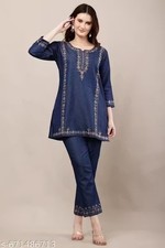 Indian Readymad Party Festive Wedding Denim Kurta Kurti Pant Set for Women's Gif