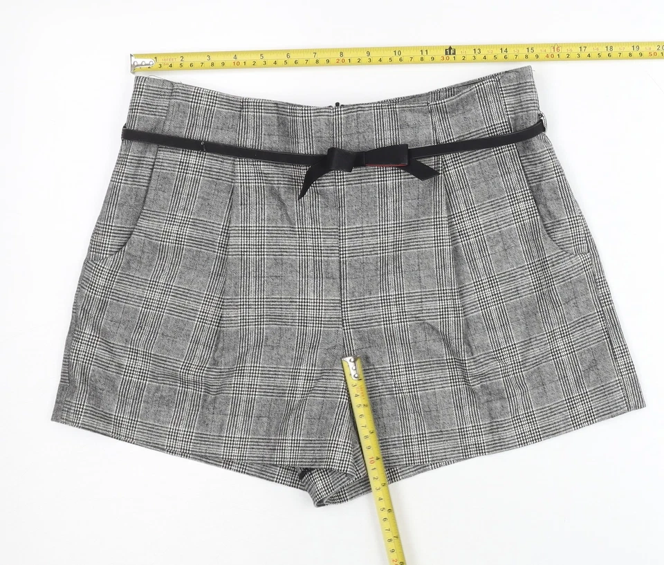 Topshop Women Grey Check Paperbag Shorts Size 12 Belted Pleated - Image 2 of 4