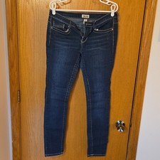 Mudd Girls Skinny Dark Blue Denim Jeans Size 9 Contrast Stitching Button Zipper