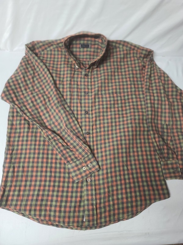Miller Bros. Med. brown orange green plaid l/s button down collar Made USA