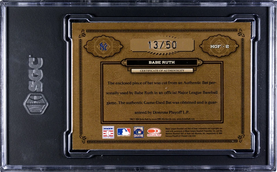 2004 Donruss Babe Ruth Game Used Bat Relic HOF-2 /50 SGC 8.5 Yankees Materials - Image 3 of 3