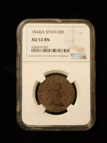 1844JA Spain 8 Maravedis Copper - NGC AU53BN Top Pop