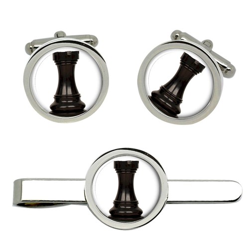 Chess Rook Cufflinks and Tie Clip Set