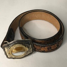 Leather Belt Size 34 Floral Carvings Natural Stone Buckle Elfrida Vtg Arizona